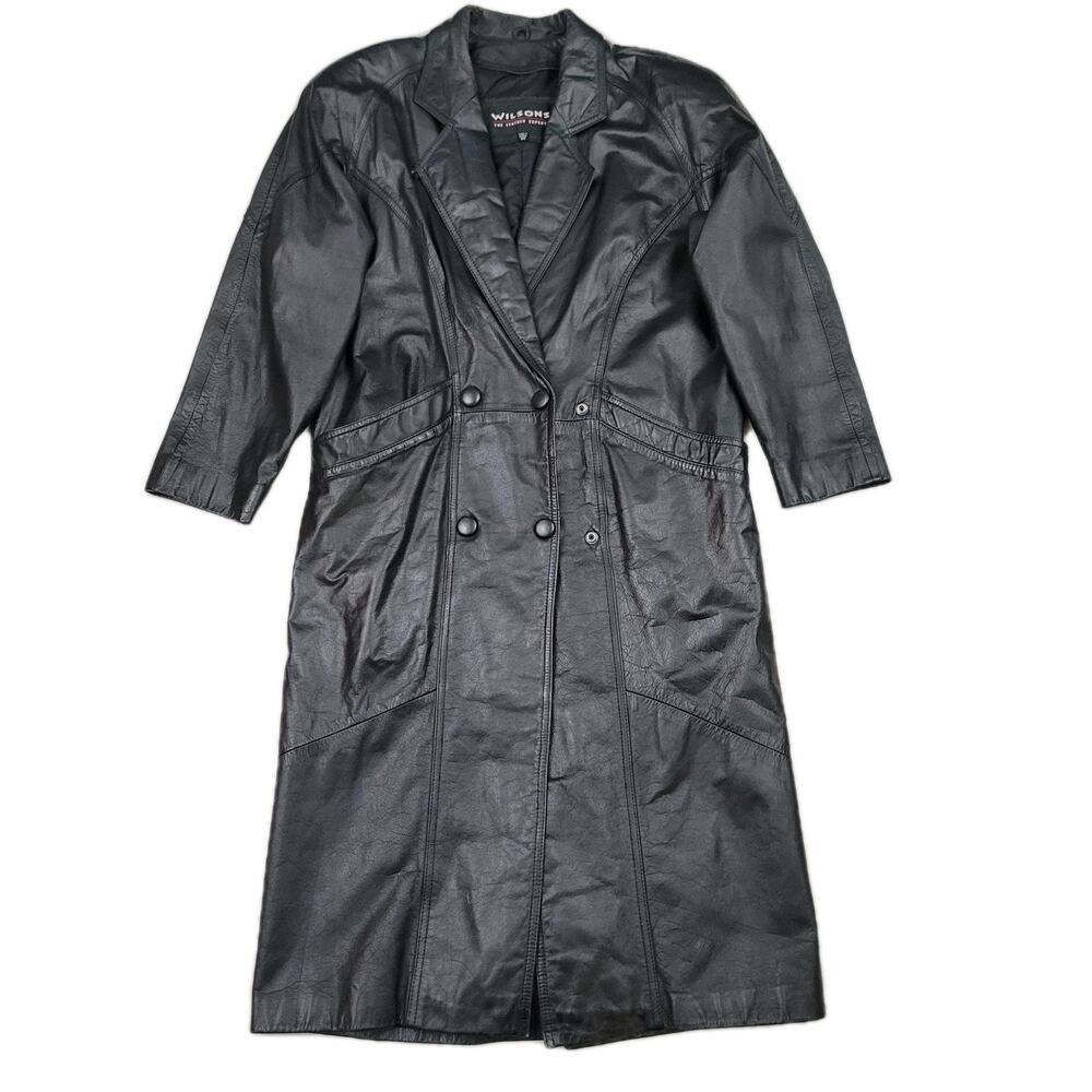 Vtg Wilsons Leather Trench Coat Black Long Belted Womens Size XS Korea